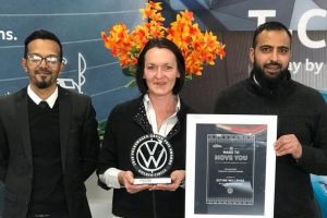 Bethlehem Volkswagen’s Estine Willemse (middle), with the Sales Manager, Ameen Sheik (left) and the General Manager, Zakaria Vawda, at the right.